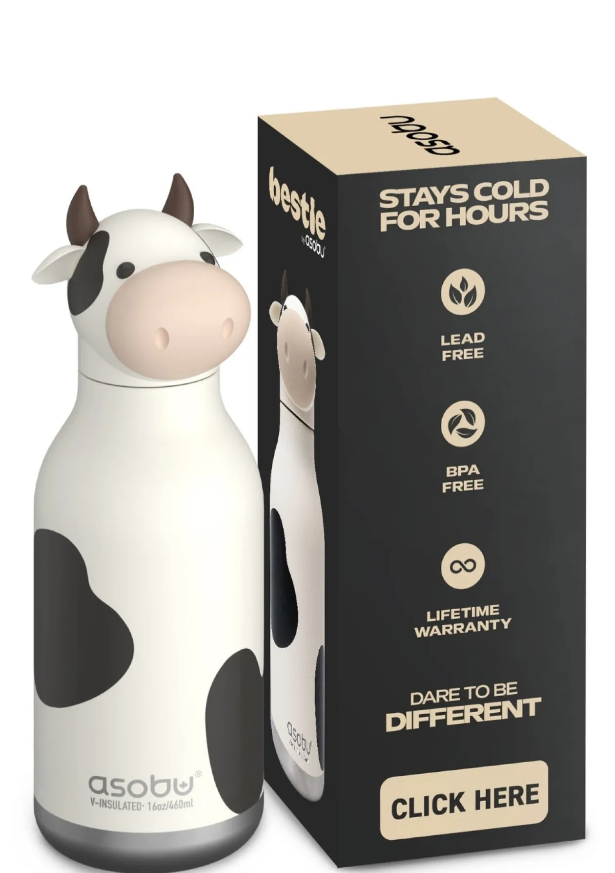 Bestie Trinkflasche Kuh 'Willow the Cow' schwarz/weiß 460 ml
