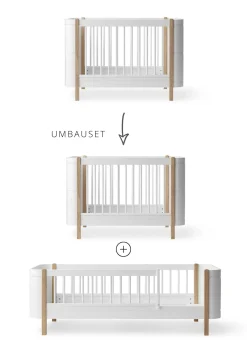 Geschwisterset für 'Wood Mini+' Babybett inkl. Junior-Erweiterung zu zwei Betten Weiß / Eiche