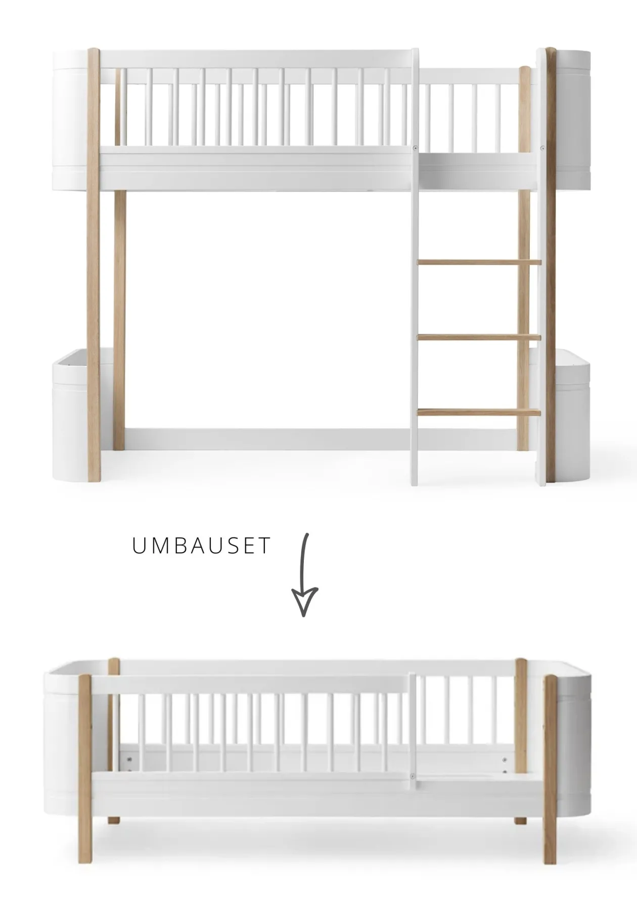 Umbauset für 'Wood Mini+' halbhohes Hochbett zum Juniorbett Weiß / Eiche