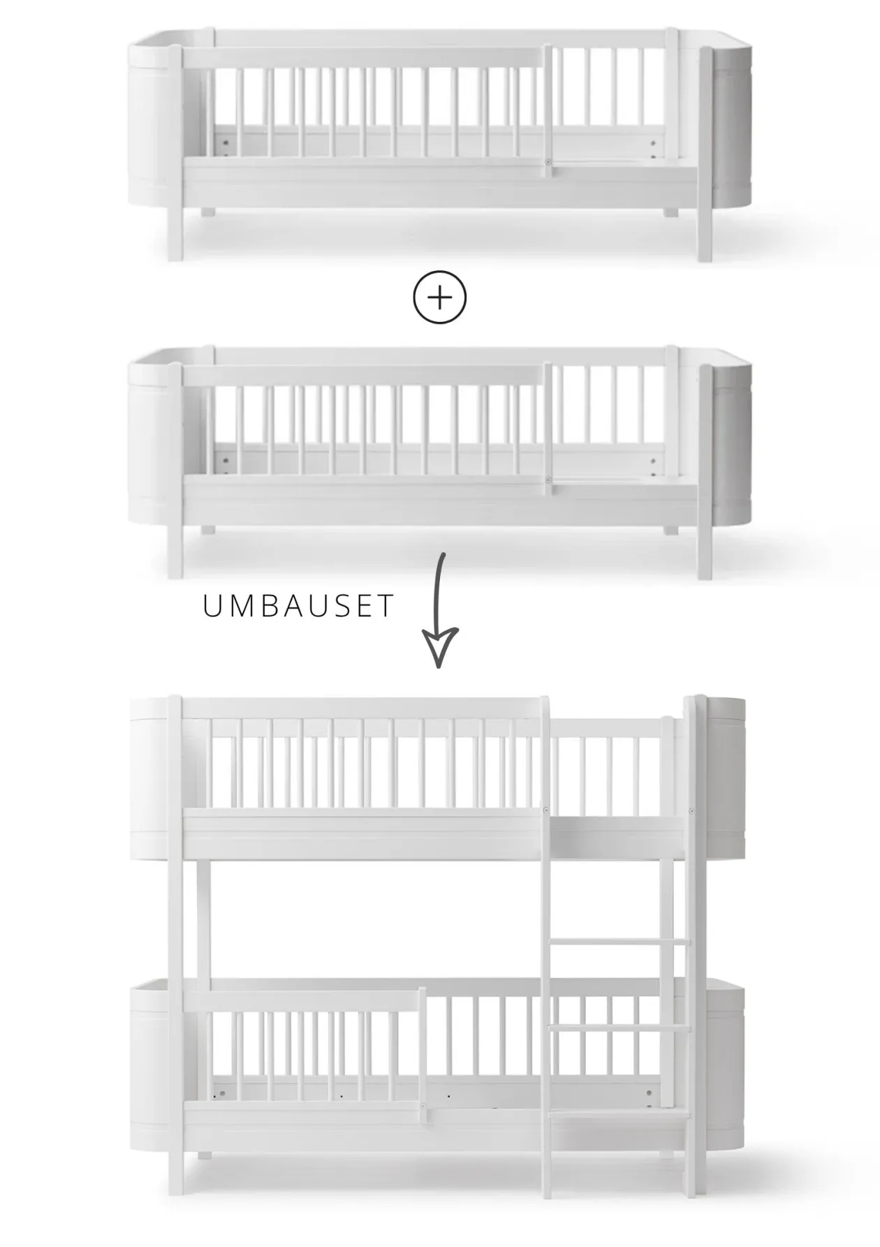 Umbauset für 'Wood Mini+' zwei Juniorbetten zum halbhohen Etagenbett Weiß